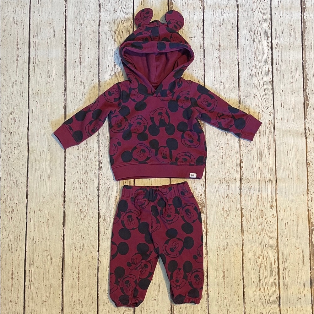 BabyGAP Maroon and Black Mickey Mouse Hoodie and Pants Set